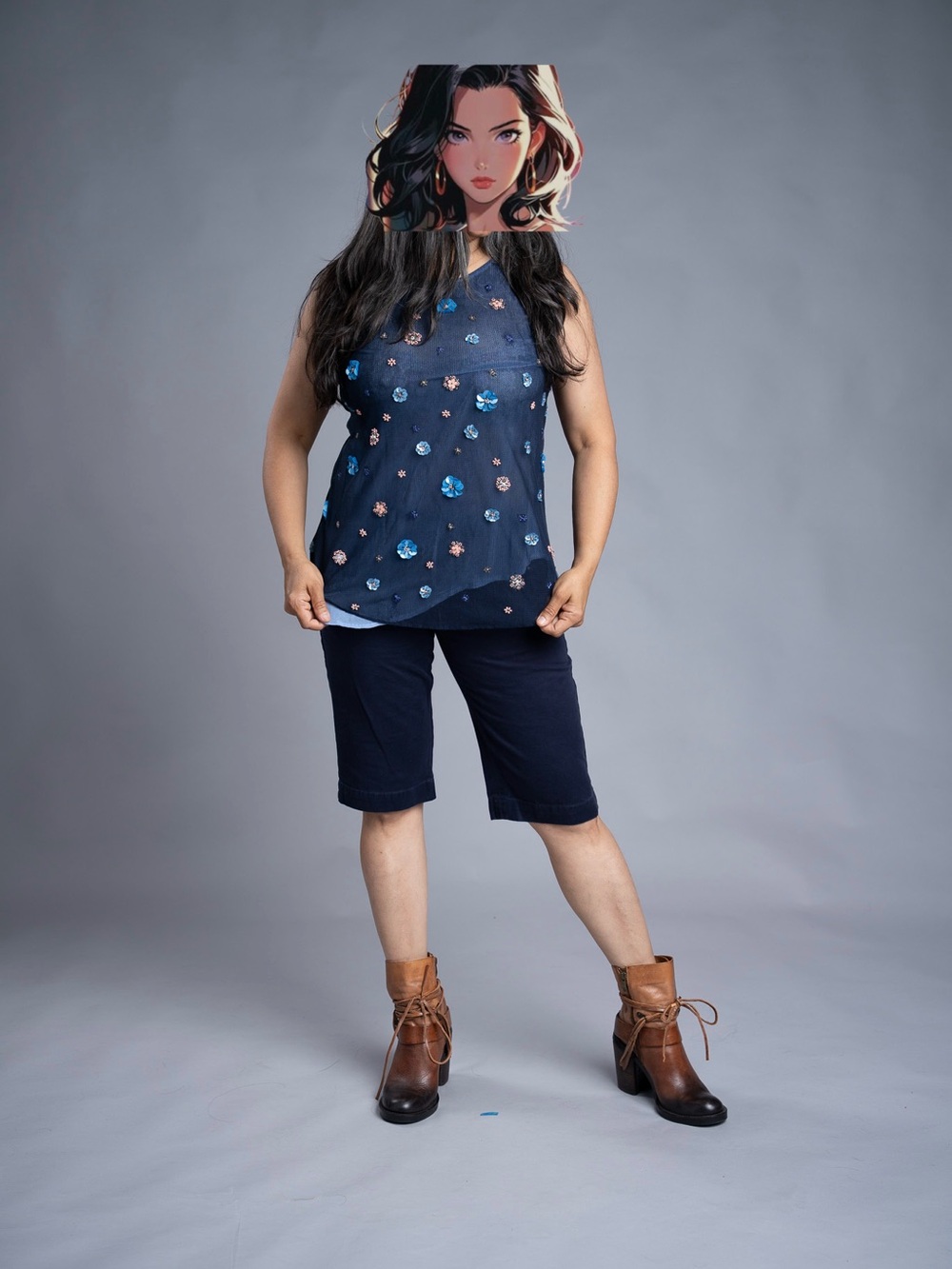 Ritu Kumar Navy Embellished Sleeveless Top with Dark Navy Bermudas